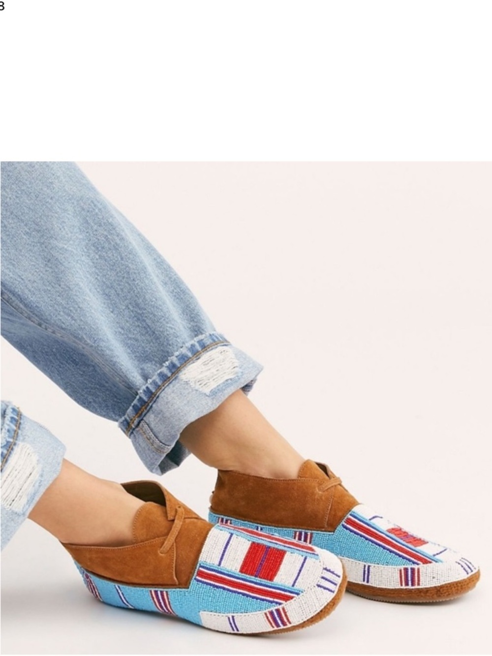 Figue Womens Beaded Wolf Moccasins Size 7 Soft Tan Suede Red White Blue Bead EUC
